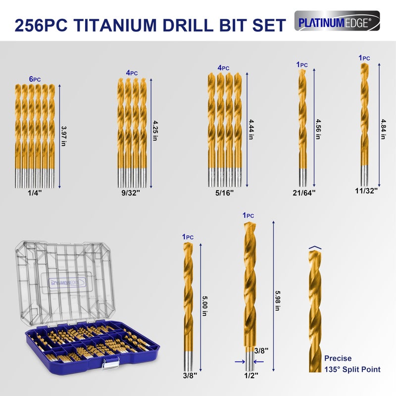 PLATINUMEDGE 276pc Titanium Twist Drill Bit Set with S2 Bits 135Â° Tip High Speed Steel, Size from 1/16" up to 1/2", Ideal in Wood Cast Iron Aluminum Alloy Plastic Fiberglass, Clear Lid Case - Image 4